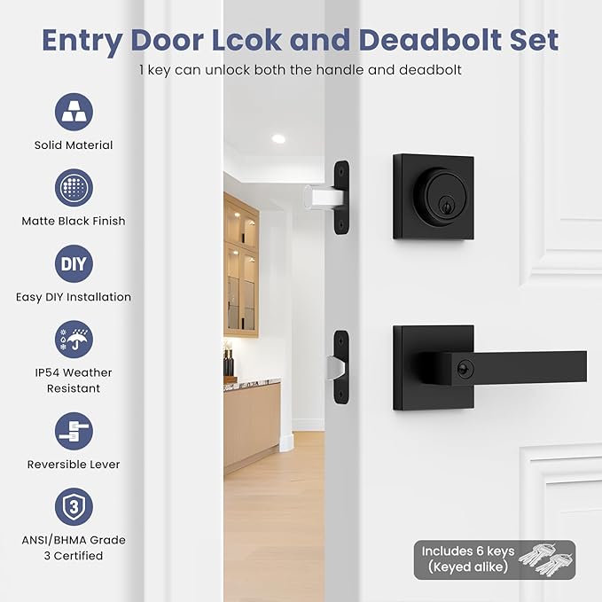 Estmoon Door Locks for Front Door, Matte Black Exterior Door Handle and Single Cylinder Deadbolt Lock, Heavy Duty Modern Square Front Door Handle and Deadbolt Set, Commercial Locks for Doors, 1 Pack