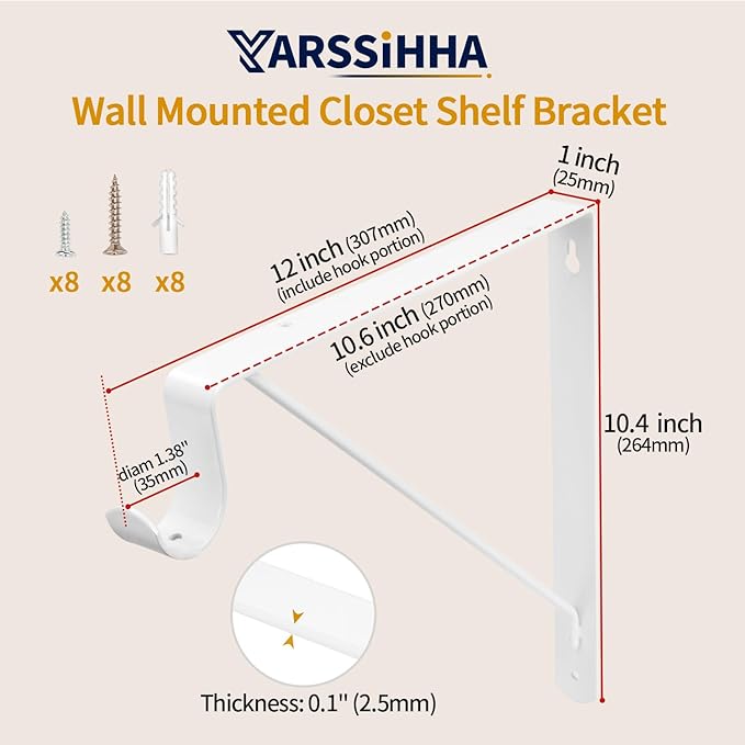 Yarssihha 4 Pack Closet Rod Bracket, 12 x 10.4 Inch Wall Mounted Closet Shelf Bracket, White Closet Rod Support Bracket with Screws