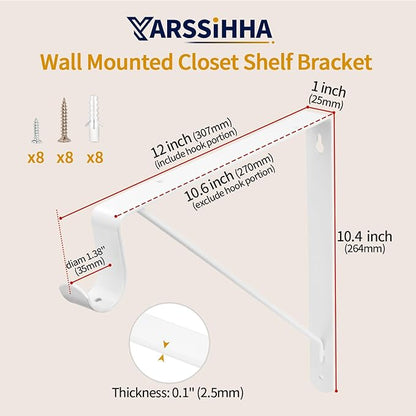 Yarssihha 4 Pack Closet Rod Bracket, 12 x 10.4 Inch Wall Mounted Closet Shelf Bracket, White Closet Rod Support Bracket with Screws