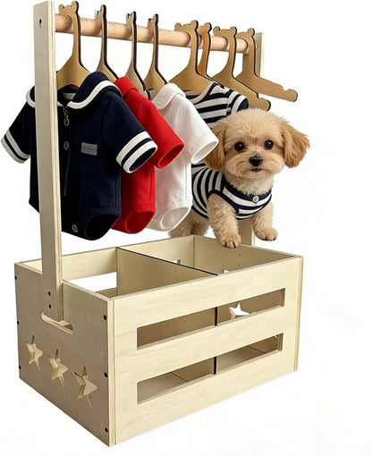 Wooden Pet Storage Organizer with Clothes Rack, Dog Toy Storage Bin, Cat Wardrobe Closet with Handle, Multi-Compartment Pet Accessories, 8 Small pet Clothes Hangers