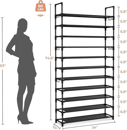 11 Tiers Tall Shoe Rack Holds 55 Pairs of Shoes with 18pcs Hooks Sturdy Wide Shoe Organizer Storage Free Standing Metal Shoe Shelf for Closet, Entryway Black
