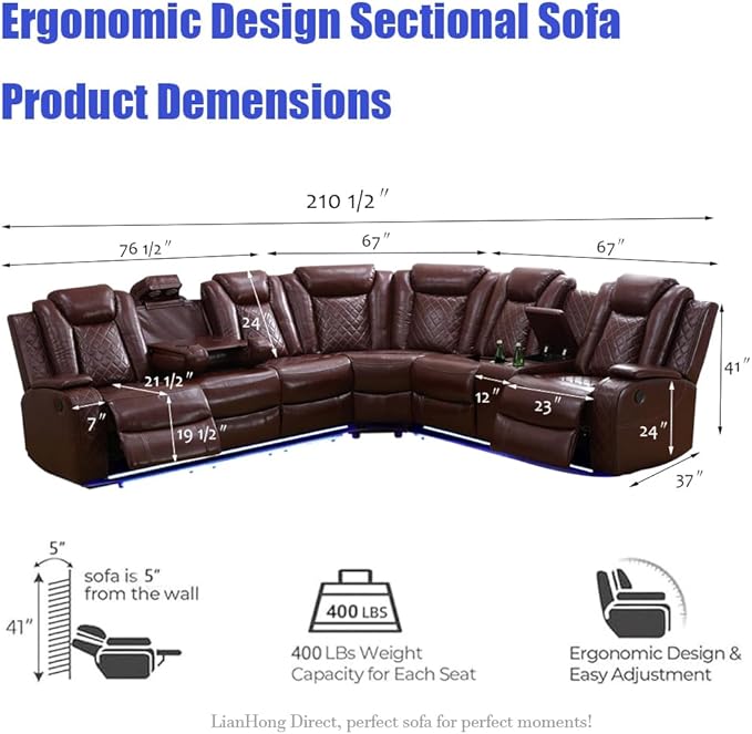 Brown Power Recliner Sectional Sofa with Loveseats, Living Room Furniture Sets, Leather Power Recliner Sectional Sofa Set with LED, Read Lights, Hidden Arm Storage for Living Room/Home/Office