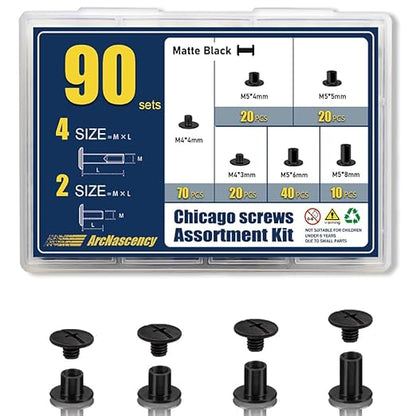 90 Sets Matte Black Chicago Screws for Leather, Leather Rivets Kit, 4 Sizes(M5x4,5,6,8mm)& 2 Screw Lengths (M4x3,4mm).,True Deep Black Chicago Screw for Belts and DIY Crafting