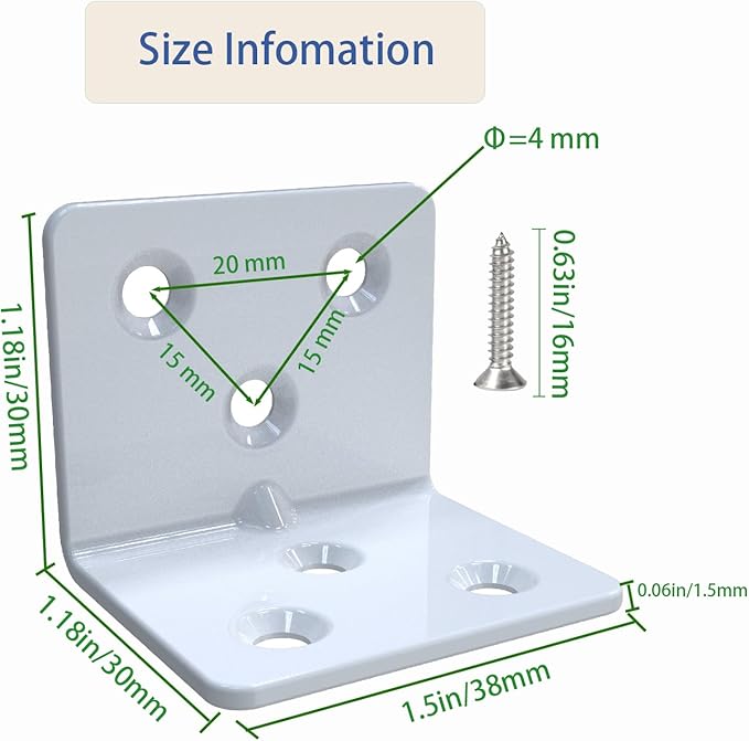White Stainless Steel Corner Bracket,Joint Right Angle Bracket,L Shape Heavy Duty Metal Corner Brace Hardware Brackets Supporter for Wood Aufuga (16, 1.5x1.2x1.2)
