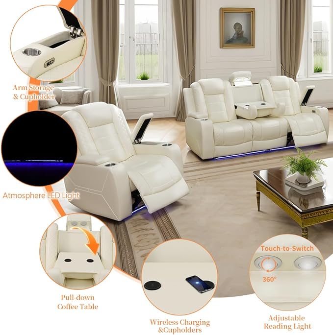 Power Reclining Couch Set for Living Room, Living Room Furniture Sets Include 1 Recliner Chair, 3 Seat Sofa, Soft Leather Creamy White Recliner Sofa Furniture Set for Home and Office