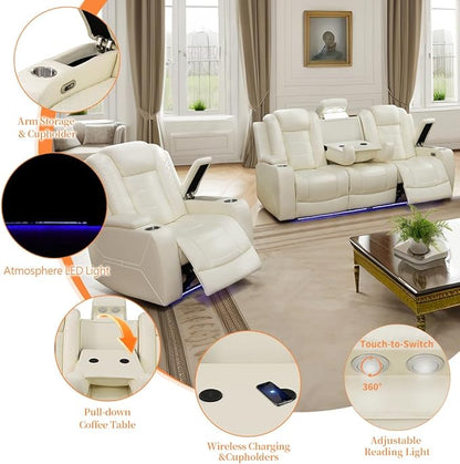 Power Reclining Couch Set for Living Room, Living Room Furniture Sets Include 1 Recliner Chair, 3 Seat Sofa, Soft Leather Creamy White Recliner Sofa Furniture Set for Home and Office