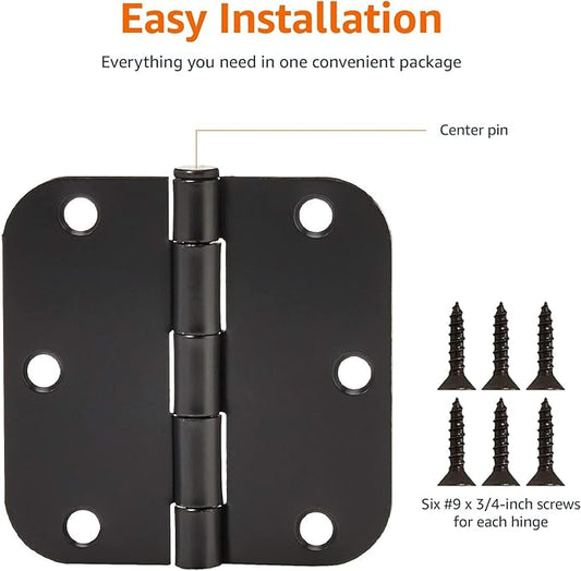 Amazon Basics Sturdy Rounded 5/8 Radius Interior Door Hinges with Included Screws, 3.5" x 3.5", Matte Black, 18-Pack