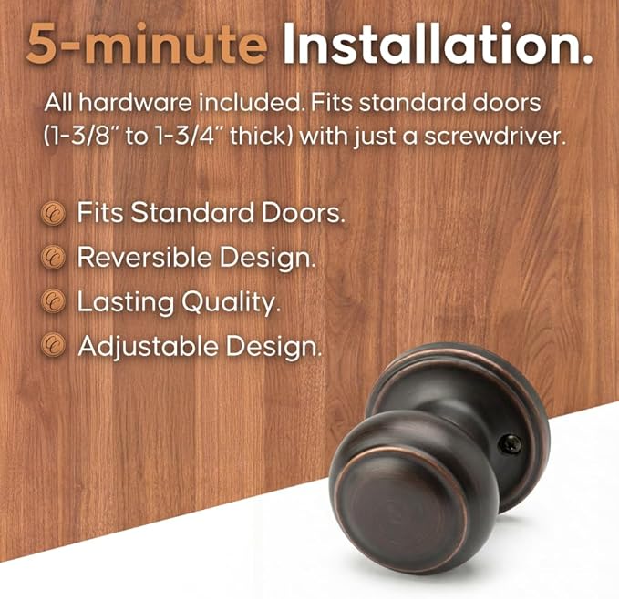 Copper Creek Colonial Dummy Interior Door Knob – ANSI Grade-3 Certified, Modern Heavy Duty Handle, Easy Install and Reversible for French Doors and Closets, Non Turning – Tuscan Bronze (1 Pack)