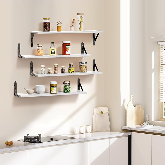 Wood Floating Shelves Set of 4, Rustic Storage Decor Wall Shelves, Wall Mounted Shelf for Living Room, Bedroom 23.6" x 6", White
