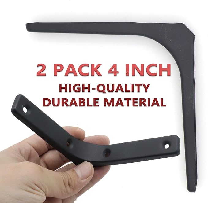 2 Pack Wall Shelf Support Bracket, 4 Inch Black L Corner Wall Mount Brackets for Wood, Shelves, Cabinets, Decorative 90 Degree Triangle Shelf Supports with Screws