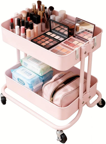 2 Tier Rolling Cart with Wheels for Under Desk Storage, Pink Small Rolling Pantry Storage Cart for Small Space, Metal Short Utility Shelf for Vanity Kitchen Bathrrom Laundry Organization