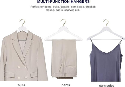 Amber Home 30 Pack Solid Wood Suit Coat Hangers, Smooth White Finish Wooden Dress Hangers with Non Slip Pant Bar, Clothes Hangers with Gold Hook & Notches for Jacket, Pant, Shirt (White+Gold, 30)