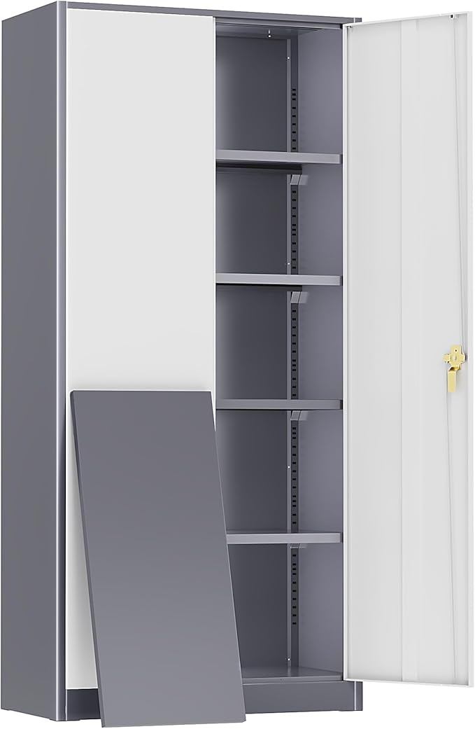 Oakcloud Metal Storage Cabinet Tool Organizer, 72" Lockable Garage Storage Tool Cabinets with 2 Doors and 4 Adjustable Shelves, Locking File Cabinet for Office, Home, School (72“ Wide-GreyWhite)
