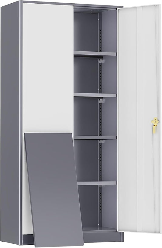 Oakcloud Metal Storage Cabinet Tool Organizer, 72" Lockable Garage Storage Tool Cabinets with 2 Doors and 4 Adjustable Shelves, Locking File Cabinet for Office, Home, School (72“ Wide-GreyWhite)