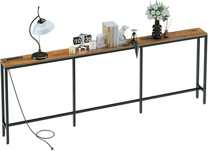 86.6" Behind Couch Table with Fast Charging Station, 7.1" Narrow Skinny Sofa Table with 2 Power Outlets, 2 USB-A, USB-C for Console Entryway, Rustic Brown