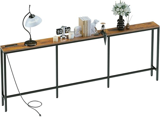 86.6" Behind Couch Table with Fast Charging Station, 7.1" Narrow Skinny Sofa Table with 2 Power Outlets, 2 USB-A, USB-C for Console Entryway, Rustic Brown