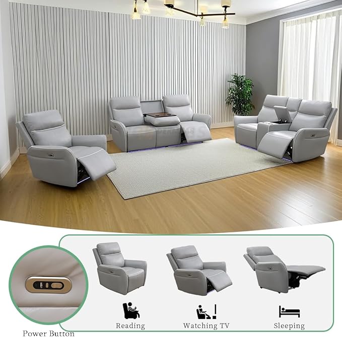 Recliner Power Sofa Couches, 3PCS Grey Breathing Leather Power Reclining Sofa, Living Room Furniture Sets with Cup Holders/Storage Console/Drop-Down Table for Apartment/Home/Office