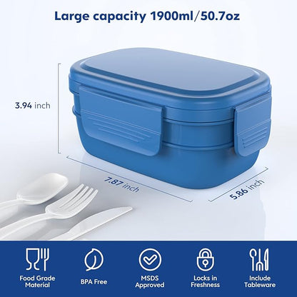 Stackable Bento Box Adult Lunch Box, Large Capacity 1900ml Lunchbox with Utensil Set, Leak-Proof for Dining Out, Work, Picnic, School