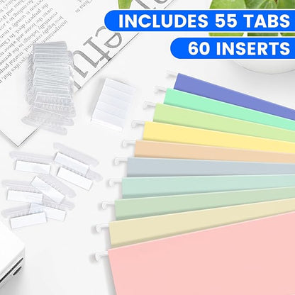 50-Pack Morandi Hanging File Folders, Letter Size with 55 Transparent Label Cards, 60 Sticker Labels,1/5-Cut Tabs–Home Office & Filing Cabinets