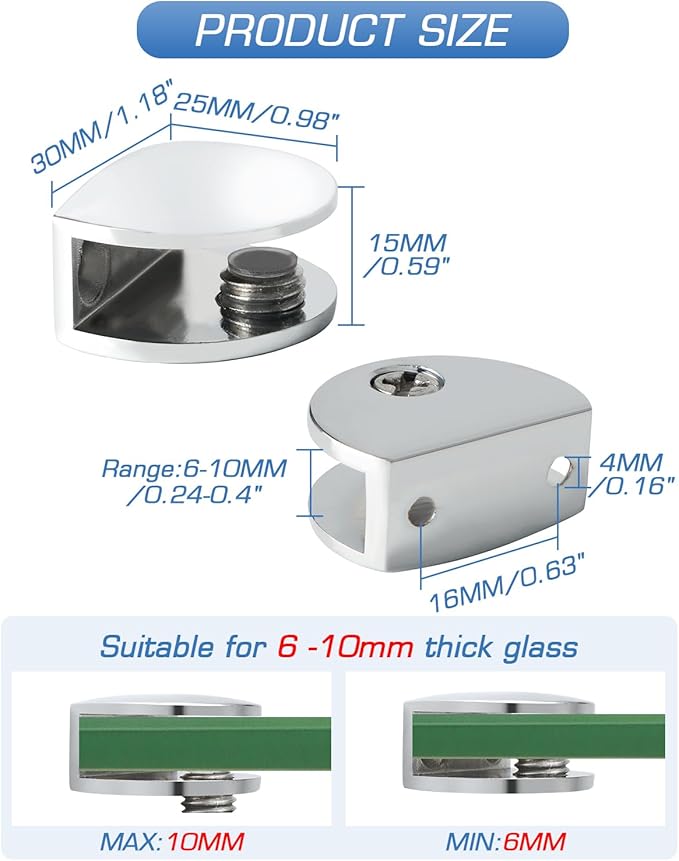 Alise Glass Shelf Bracket Adjustable Shower Brackets,Heavy Duty Rectangle Clamp Holder for 6-10mm Glass Shelves,Wall Mount Clamps Clip Support Hardware Replacement Parts,Polished Chrome 4 Pcs
