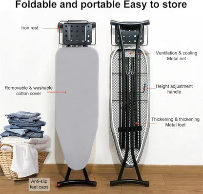 Deluxe Ironing Board with Heat-Resistant Cover & Thick Felt Pad, Foldable Design with Heavy-Duty Steel Legs, Iron Rest & Hanger, Ideal for Home, Laundry, Hotel, or Sewing Room – Iron Board Silver/Grey