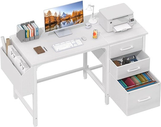Lufeiya White Desk with Fabric File Drawers Cabinet, 47 Inch Reversible Computer Desk with Filing Cabinet for Bedroom Small Space Home Office, Modern Writing Table PC Desks, White