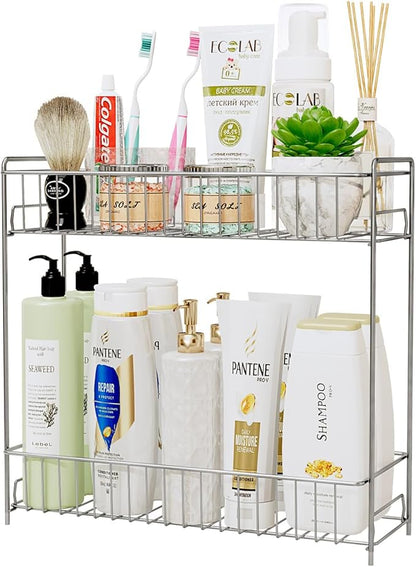 YQh 2-Tier Bathroom Storage Organizer Rack, Stainless Steel Shower Caddy, Counter and Vanity Shelf