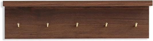 5-Hook Wall Mounted Coat Rack with Storage Shelf - Multi-Functional Key & Jacket Hanger for Entryway, Walnut Finish, Style D-1