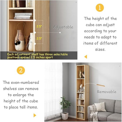 IOTXY Small Narrow Corner Bookcase - 71 Inches Tall Gap Freestanding Storage Cabinet, 7 Lattices Open Shelves Tower Rack with Door, Cubes Bookshelf in White