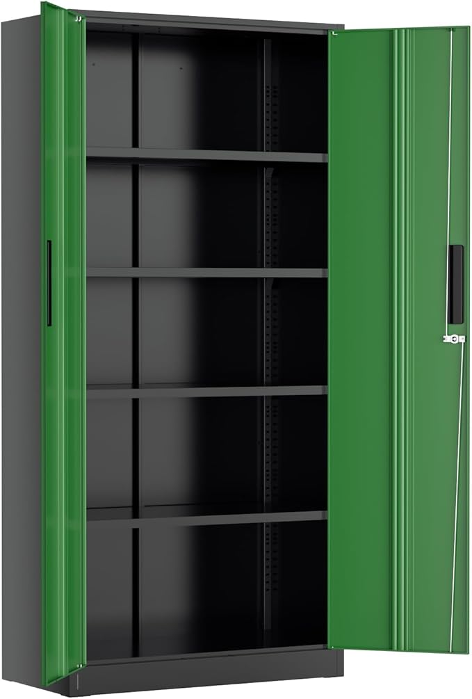 Greenvelly Metal Lockable Storage Cabinet, 72” Storage Cabinet with 2 Doors and 4 Adjustable Shelves for Office, Home, Garage, Pantry (Assembly Required, Black Green)