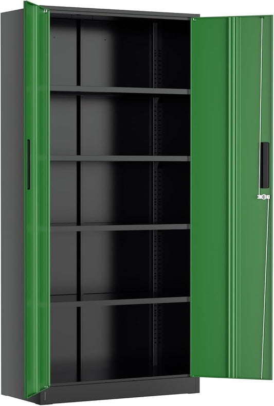 Greenvelly Metal Lockable Storage Cabinet, 72” Storage Cabinet with 2 Doors and 4 Adjustable Shelves for Office, Home, Garage, Pantry (Assembly Required, Black Green)