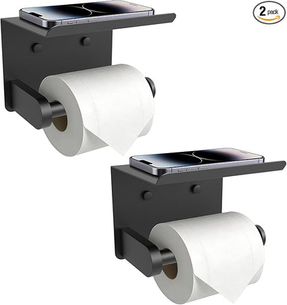 SetSail Toilet Paper Holder with Shelf Adhesive or Screw-in Bathroom Toilet Paper Roll Holders Wall Mount Matte Black Tissue Holder for Bathroom Hardware Accessories, 2 Packs