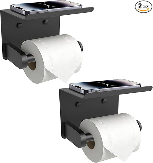SetSail Toilet Paper Holder with Shelf Adhesive or Screw-in Bathroom Toilet Paper Roll Holders Wall Mount Matte Black Tissue Holder for Bathroom Hardware Accessories, 2 Packs