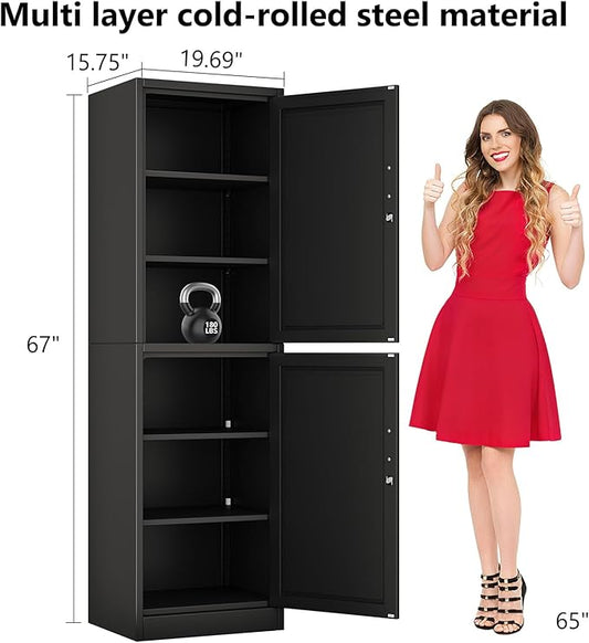 Metal Storage Cabinet with Lock 2 Doors and Shelves, Steel File Cabinets, Kitchen Pantry Cabinet Locker Organizer - 67" Tall Locker Storage Cabinets for Kitchen,Bathroom,Bedroom,Office(Black)