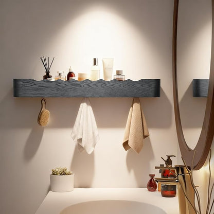 Wall Coat Rack Floating Shelves Modern Coat Rack Wall Mount with Storage Entryway Shelf Wooden Hanger 20 Inch 4 Hidden Metal Hooks for Living Room Bedroom (Wavy Black, 8 Hooks)