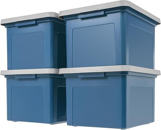 IRIS USA File Box Plastic File Organizer for Letter/Legal File, Document Box, Durable Storage Bin Tote with Secure Latching Lid, Stackable, BPA-Free, Eco Friendly, Sustainable, Navy/Gray 35 Qt. 4 Pack