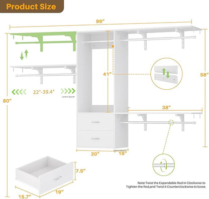 Cyclysio 8 FT Hanging Closet Organizer System, 96 Inch Closet System with Drawers, Walk in Closet System with 4 Adjustable Rods and 3 Shelving Towers for 4-8FT Spaces(Cut-to-Fit), White