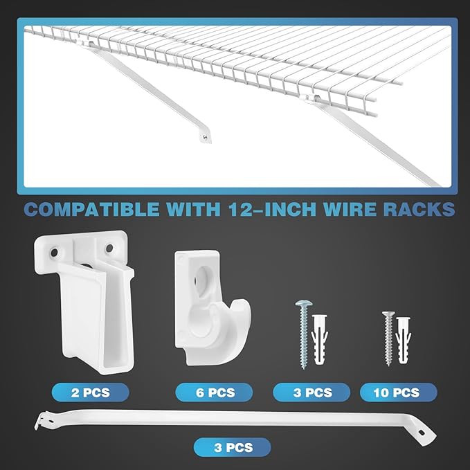12 Inch Wire Shelf Brackets Set, 3PCS Closet Shelf Brackets with 6 Wire Shelf Clips, 2 End Brackets and Screws, Metal Support Bracket for Wire Closet Shelving, Heavy Duty