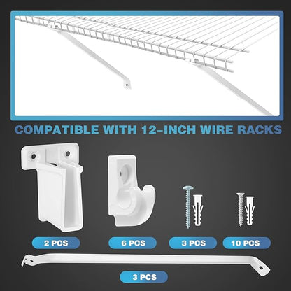 12 Inch Wire Shelf Brackets Set, 3PCS Closet Shelf Brackets with 6 Wire Shelf Clips, 2 End Brackets and Screws, Metal Support Bracket for Wire Closet Shelving, Heavy Duty