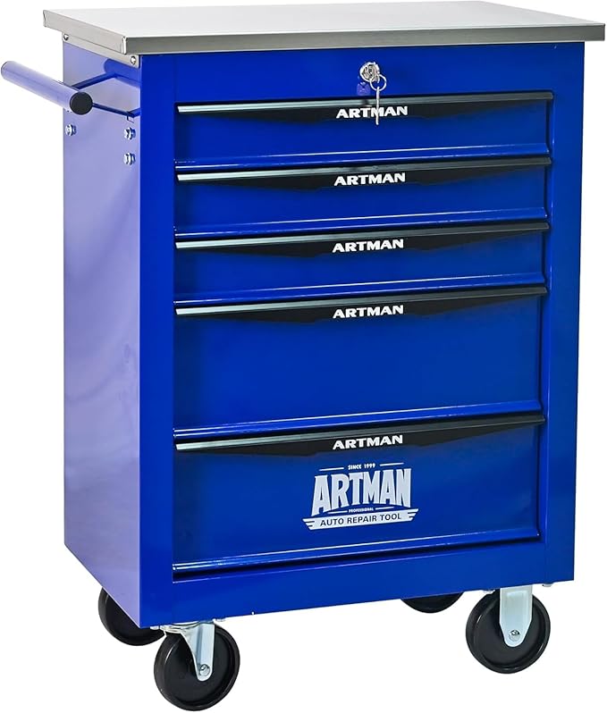5-Drawer Rolling Tool Chest with Stainless Steel Countertop,Tool Chest with Secure Locking System,Mobile Storage Tool Cabinet with 360°Wheels and Padded Feet,for Home,Garage (Blue)