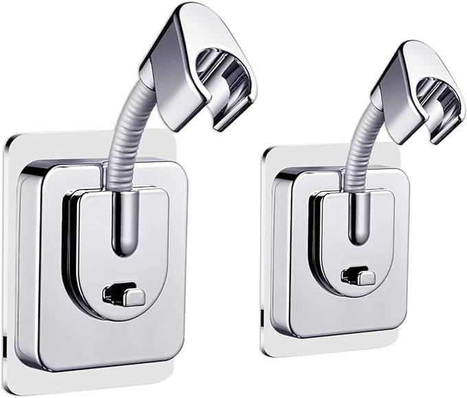 2pcs Shower Head Holder Wall Mount, 360° Adjustable Handheld Holder, No-Drill Strong Adhesive Wand Bracket, Waterproof Shower Handle Holder Fits up to 0.83 Inch, Bathroom Accessories, Chrome