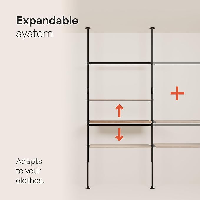 pamo Industrial Pipe Clothing Rack with Shelf - 400 lbs Capacity - Clamping Clothes Rack and Walk In Closet with Oak Shelf for Wardrobe