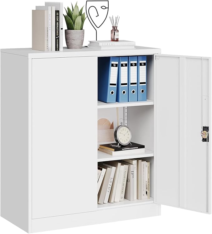 MIIIKO Lockable Storage Cabinet, Small Metal Garage Cabinet with Doors and Shelves, 35.4" Height Base Locker Cabinets 2 Doors