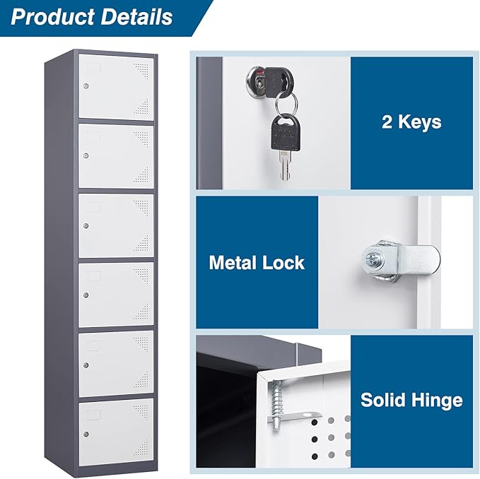 Metal Locker Cabinet with 6 Doors, 71" Storage for Employees, 6 Tier Steel Locker with Lock and Keys for School, Gym, Home, Office Staff (Grey White)