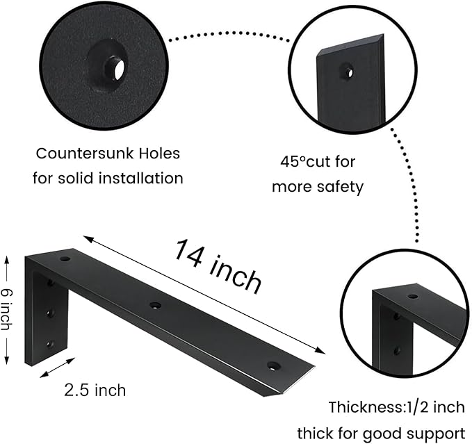 Countertop Support Bracket 4 Pack 14 inch Heavy Duty 1/2" Thick Black Black Granite Countertop Bracket 14"x6"x2.5" Shelf L Bracket Mantel Corbels for Quartz/Granite/Wood/Concret/Laminate Countertops