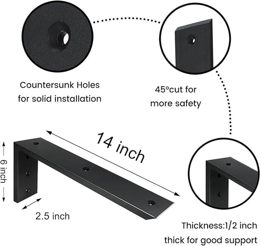 Countertop Support Bracket 4 Pack 14 inch Heavy Duty 1/2" Thick Black Black Granite Countertop Bracket 14"x6"x2.5" Shelf L Bracket Mantel Corbels for Quartz/Granite/Wood/Concret/Laminate Countertops