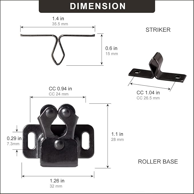 2 PCS Cabinet Latch Double Roller Catch Hardware for Cupboard Closet Cabinet Door Latches and Catches, Black Nickel