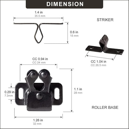2 PCS Cabinet Latch Double Roller Catch Hardware for Cupboard Closet Cabinet Door Latches and Catches, Black Nickel