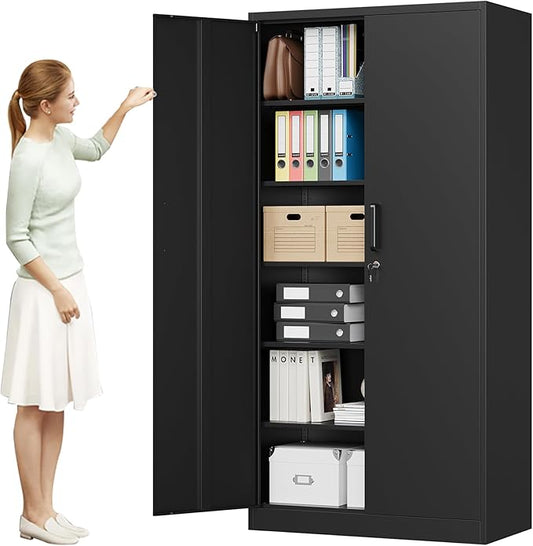 MIIIKO Metal Storage Cabinet with Locking Doors, Black Garage 5 Shelves, 18'' Deep Locker for Garage, Industrial, Commercial, Workshop and Basement