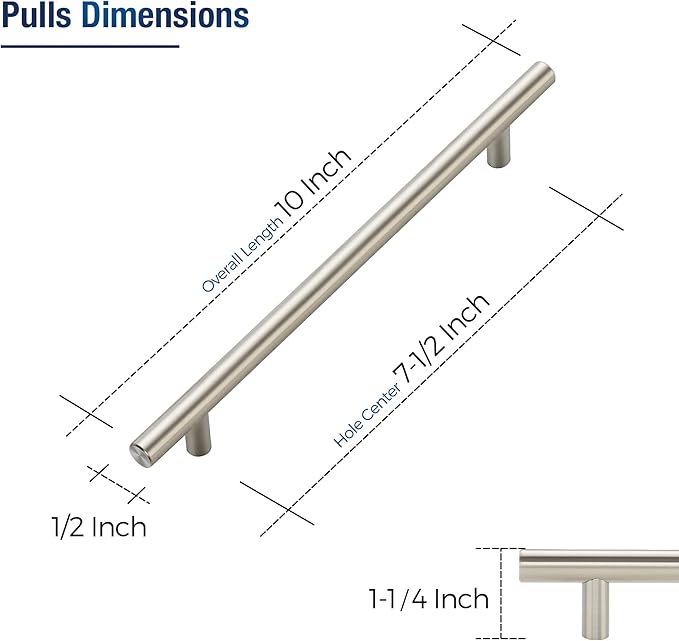 JOY DECOR 10 Pack Cabinet Handles, Brushed Nickel Cabinet Pulls, 7-1/2 in Hole Center Kitchen Cabinet Handles, Stainless Steel T Bar Handles for Dresser Drawers
